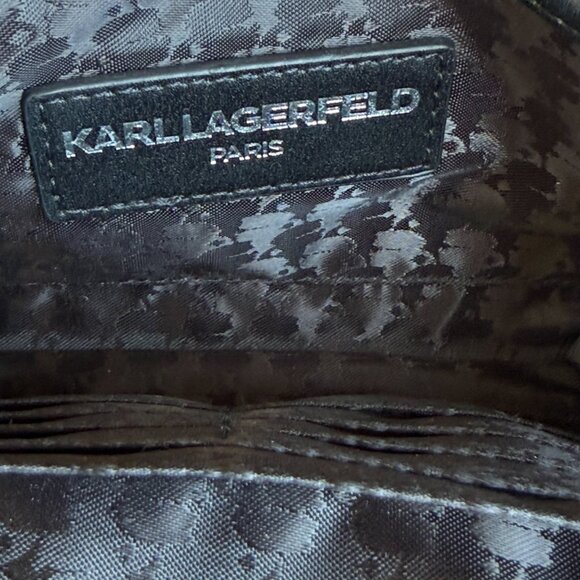 KARL LAGERFELD PARIS STRUCTURED FLAP OVER CROSSBODY CLUTCH BLACK GREY VEGAN - Picture 8 of 14